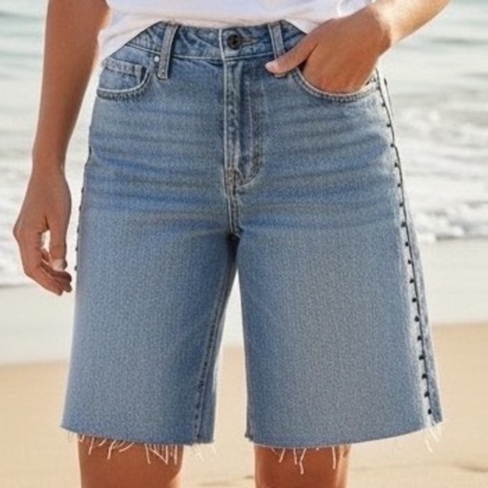 Camila Coelho High Waist Midi Studded Denim Shorts Light Wash Blue‎ Boho Rocker